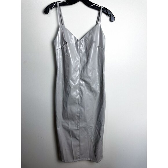 NWT Forever 21 Beige Gray V Neck Faux Leather Midi Dress Womens M FLAWED - Picture 1 of 8